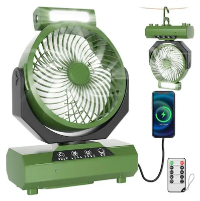 Produktbild von Aopunly Tischventilator,Camping Ventilator, wiederaufladbar, 20000mAh Akku, 4 Geschwindigkeiten, mit Fernbedienung, LED Licht und Haken,für Outdoor, Zelt,Grün