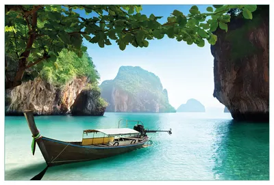 Produktbild von Wallario Küchenrückwand aus Glas, Größe: 90 x 60 cm, Motiv: Fischerboot in Thailand  blaues Meer und Steinfelsen | Spritzschutz | abwischbar | pflegeleicht | in