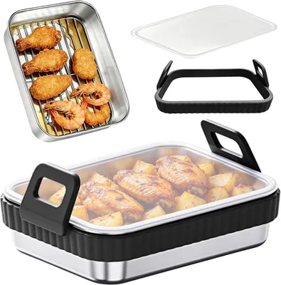 Produktbild von Airfryer Auflaufform Edelstahl, quadratische Backform mit Abtropfgitter und Deckel, für Küche