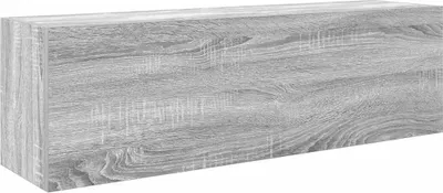 A close-up, angled view of a gray wooden cabinet.