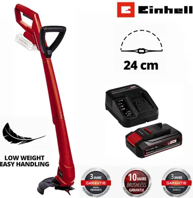 A product image featuring a red Einhell grass trimmer, a charger, and a battery, along with marketing text and icons.