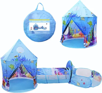 Produktbild von 3-in-1 Spielzelt mit Tunnel für Kinder, großes Gartenspielhauszelt in Blau, geeignet für drinnen und draußen