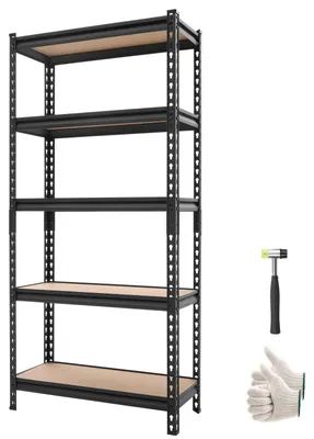 Obrázek produktu pro Regál SucceBuy pro těžké náklady, rozměry 720 x 309 x 1520 mm, nosnost 907,2 kg, 5 výškově nastavitelných polic z MDF, modulární systém umožňující použití jako pracovní stůl, univerzální kovový regál vhodný do sklepa, garáže a dílny