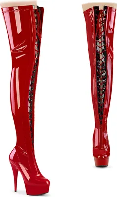 Produktbild von DELIGHT-3027 Pleaser Damen High Heels Plateauoverkneestiefel rot schwarz Stretch Lack