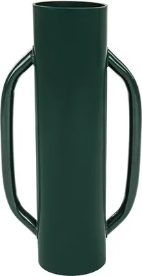 A dark green metal post driver with two handles is shown against a white background.