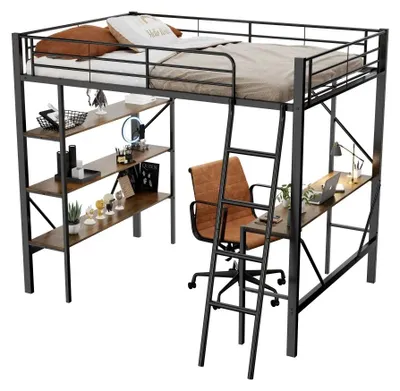 Image de Lit superposé en métal - 90 x 200 cm - Bureau intégré - Trois grandes étagères - Espace de rangement - Noir