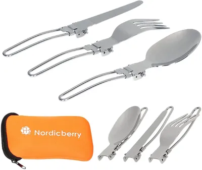 Produktbild von NORDICBERRY Outdoor Klappbesteck und Campingbesteck aus hochwertigem Edelstahl mit Neoprentasche (Orange)