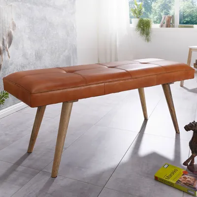 Produktbild von FineBuy gepolsterte Sitzbank 120cm Massivholz Echtleder Braun - Polsterbank für Garderobe, Schlafzimmer & Wohnzimmer - Garderobenbank Eingangsbereich