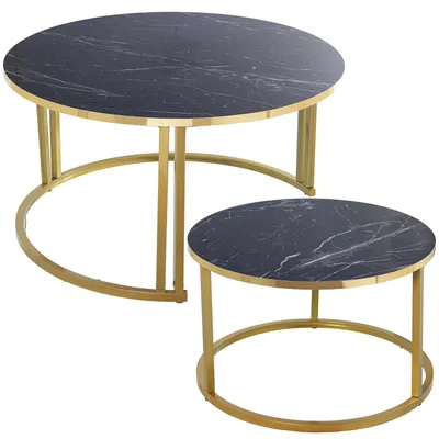 2er-Set Couchtische, Holz/Metall, Gold/Schwarz, Marmoroptik