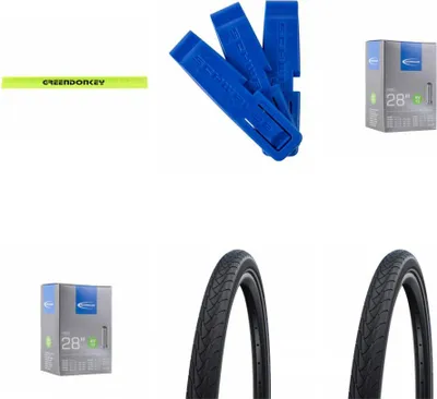 Image de Schwalbe MARATHON PLUS 28x1,75 + 2 chambres à air AV17 + démonte-pneus + bande réfléchissante