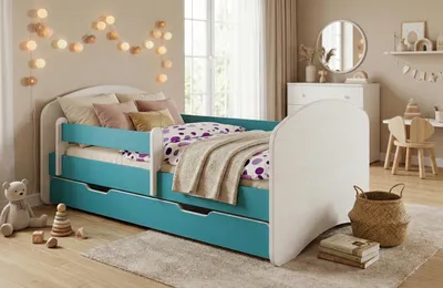 Image de Lit bébé 140x70 bleu avec matelas et tiroir – Lit complet avec sommier à lattes, barrière de sécurité – Stable jusqu'à 95 kg