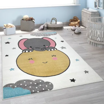 Image de Tapis pour enfants, tapis pour chambre d'enfant, jolie lune, motif bébé éléphant, blanc multicolore, dimensions 80 x 150 cm
