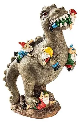 Imagen del producto de Ibenzoa®: Figura de jardín de dinosaurio pintada a mano, hecha de resina, con gnomos de jardín divertidos, resistente a la intemperie. Disponible en dos tamaños: 15x5x6 cm (pequeña) y 24x14x10 cm (grande)