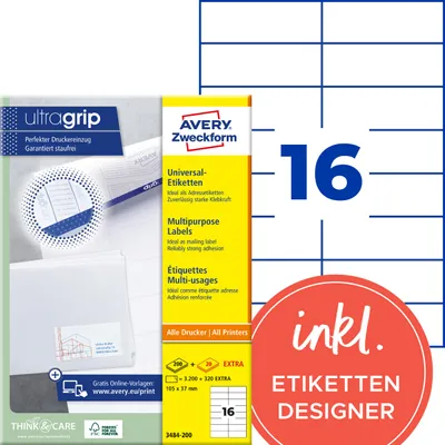 Produktbild von Avery Zweckform 3484-200, Universal-Etiketten, A4, Qualitätsdruck mit: ultragrip, 105 x 37 mm, 3.520 Etiketten / 220 Bögen, weiß