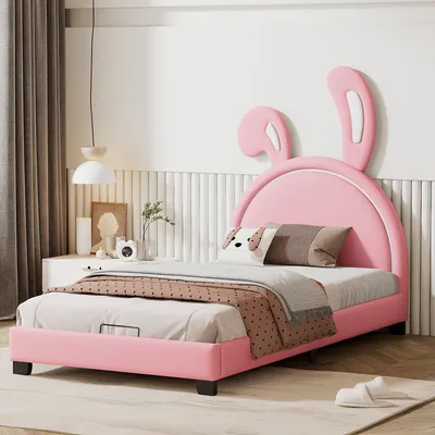 Produktbild von Merax Čalouněná postel 90x200 cm s čelem z králičích uší a rošty, postel pro mládež Dětská postel Jednolůžko z umělé kůže, pro děti i dospělé, růžová