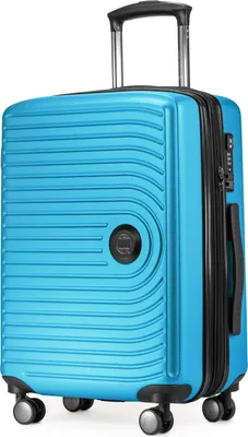 A bright blue suitcase with black accents and wheels, standing upright on a white background.