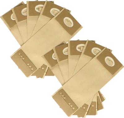 A collection of paper dust bags for a vacuum cleaner, arranged in two fanned groups against a white background.