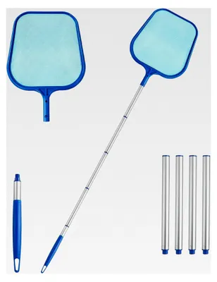 Produktbild von Poolkescher 150 cm Laubskimmer Netz feinmaschig mit 5 Teleskopstangen für Schwimmbäder, Teiche, Springbrunnen und Aquarien