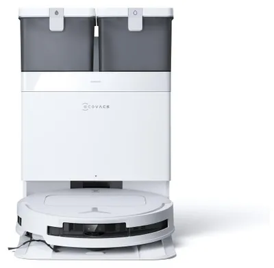 A white robot vacuum cleaner with two gray dustbins on top, presented on a white background.