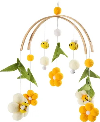 Produktbild von Mobile Baby Holz + Wollknäuel, Frische Blumen und Bienen, Windspiel Rassel Wickeltisch, Kinderzimmer Hängende Bettglocke, Neugeborenen Geschenk für Baby (Biene)