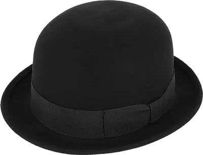 A black bowler hat with a ribbon band.