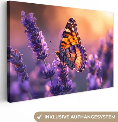 Produktbild von MuchoWow® - Leinwandbilder - Blumen - Schmetterling - Lavendel - Blume - Natur, Wandbild, Wanddeko Bilder Wohnzimmer, 120x80 cm