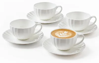 4er-Set Kaffeetassen mit Untertassen, 180 ml, Porzellan, weiß