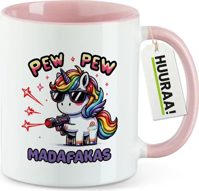 Produktbild von Huuraa Kaffeetasse Pew Pew cooles Einhorn 330ml Rosa Keramik Kaffeebecher Geschenkidee