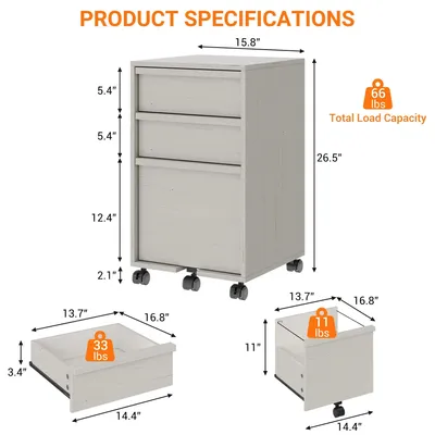 Obrázok produktu pre Mobilná archívna skriňa – kancelárska skriňa – 3 zásuvky – s kolieskami – drevená – rozmery 67,3 × 40,1 × 36,8 cm – biela