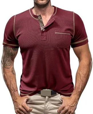 Produktbild von Herrenhemd mit kurzen Ärmeln, lässiges Henley-Shirt, leichtes T-Shirt mit schmaler Passform, Muskelshirt, schlichtes Henley-Shirt mit Taschen