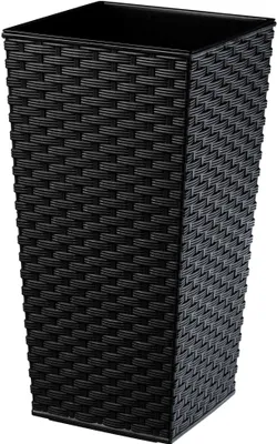 A black, square, woven-textured planter pot on a white background.