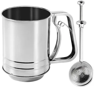 Produktbild von Ibenzoa® Edelstahl-Mehlsieb & Puderzuckerstreuer-Set – handbetrieben, 400 g Kapazität, Mehlsieb 13,5×9,5 cm, Streuer 17,5×5 cm
