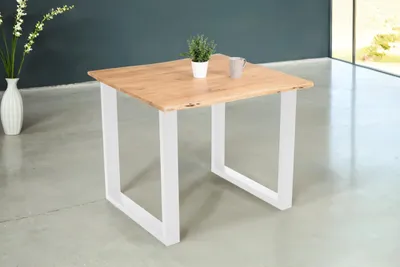 Produktbild von Baumkantentisch 80 x 80 cm Dana, massiver Esstisch Eiche, Esszimmertisch mit U-Gestell aus Metall Weiß, echte Baumkante, pflegeleichter Holztisch