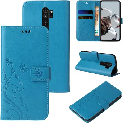 Produktbild von Handyhülle für Xiaomi Redmi Note 8 Pro Floral Blumen Schmetterling Flip Cover Hülle Case Klapphülle Handytasche Farbe: Blau