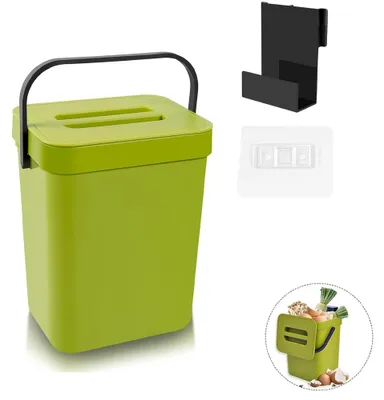 Immagine prodotto di Contenitore per compostaggio da cucina – Secchio per rifiuti da 5 litri con coperchio – Da appendere o da appoggiare – Montaggio a parete senza fori – Contenitore per rifiuti da cucina, adatto per piano di lavoro e mobile