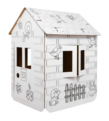 A white cardboard playhouse for children, decorated with line drawings of animals and house elements.