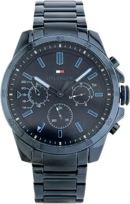 A close-up, front-facing studio shot of a Tommy Hilfiger men's watch against a white background.