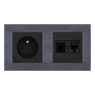 Image de Prise simple + prise informatique RJ45 cat. 6 + prise téléphonique RJ11 noire + double cadre COMFORT magnétique gris EXEN