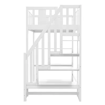 Produktbild von Flieks Etagenbett 90x200cm mit Regal, Kinderbett Hochbett mit Rausfallschutz, Stockbett Einzelbett mit Lattenrost und Treppe, Holzbett Weiß