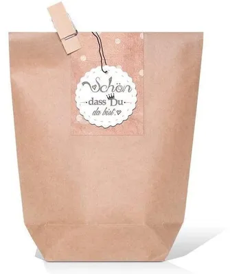 Produktbild von 25 kleine braune natur Geschenktüten Papier-Tüten + beschreibbare Aufkleber WEISS KLEEBLATT Glücksbringer 14 x 22 x 5,6 cm Verpackung Geschenk Hochzeit Mitgebsel Silvester Geburtstag"Schön, dass du da bist" rosa / 10 Stück