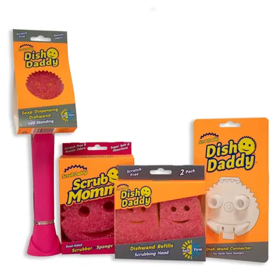 Zdjęcie produktu dla Gąbka do mycia naczyń Scrub Daddy Dish Daddy z dozownikiem płynu do mycia, zapasowe wkłady, gąbka