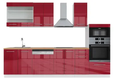 Produktbild von Küchenzeile Vicco Fame-Line Bordeaux Hochglanz/Weiß 300 cm mit Hochschrank, AP Eiche, Model 42566