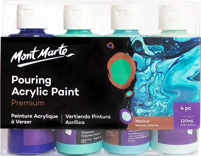 Produktbild von Mont Marte Bastelfarbe PREMIUM Pouring Acrylfarbe, Gieß-Acryl, je 4 x 120 ml, Farbe Marina, Untereinander vermischbar & bereits mit Medium vorgemischt
