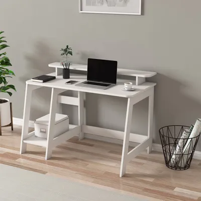 Produktbild von Skye Decor, Hochwertiger Schreibtisch, 120 x 73 x 60 cm, 100% melaminbeschichtete Spanplatte, 18 mm dick, mit zahlreichen Regalen, wandmontierbar, modernes Design in Weiß.