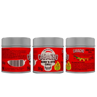 Produktbild von CARACHO 3er Pack x 50g Bird Eye Chiliflocken - 100% Extrem Scharf - Chillipulver in Metal Gewürz Dose/Scoville: 100.000-200.000