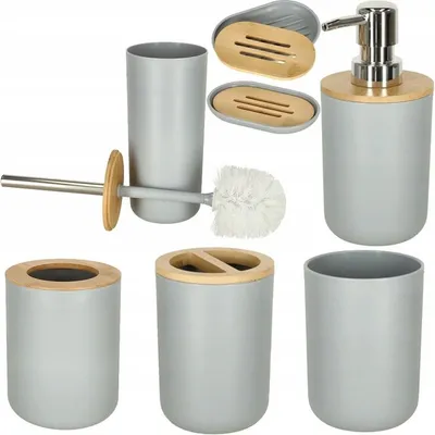 Image de Accessoires salle de bain Gris set 6 pièces distributeur savon gobelet brosse WC poubelle