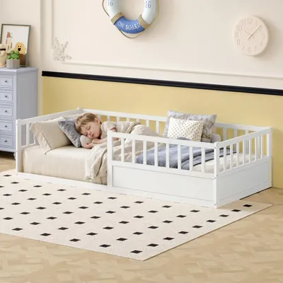 Produktbild von Kinderbett Bodenbett 90x200 cm Massivholz Montessori Bett mit Rausfallschutz & Lattenrost Kiefernholz Weiß Stabile Konstruktion Belastbar bis 200kg