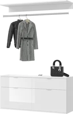 Produktbild von Garderobe Set 3-teilig "SystemX" weiß Hochglanz Kommode und Kleiderstange 121 cm