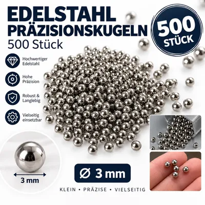 Produktbild von 500 Stück Edelstahl Präzisionskugeln Ø 3 mm – Stahlkugeln Kugellagerkugeln – Metallkugeln für Kugellager, Modellbau & Technik, KI-generiertes Bild