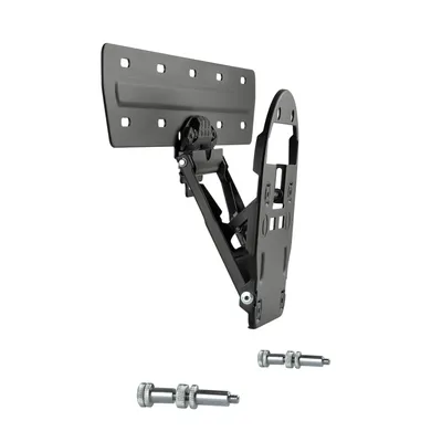 A black metal TV wall mount with its components displayed against a white background.